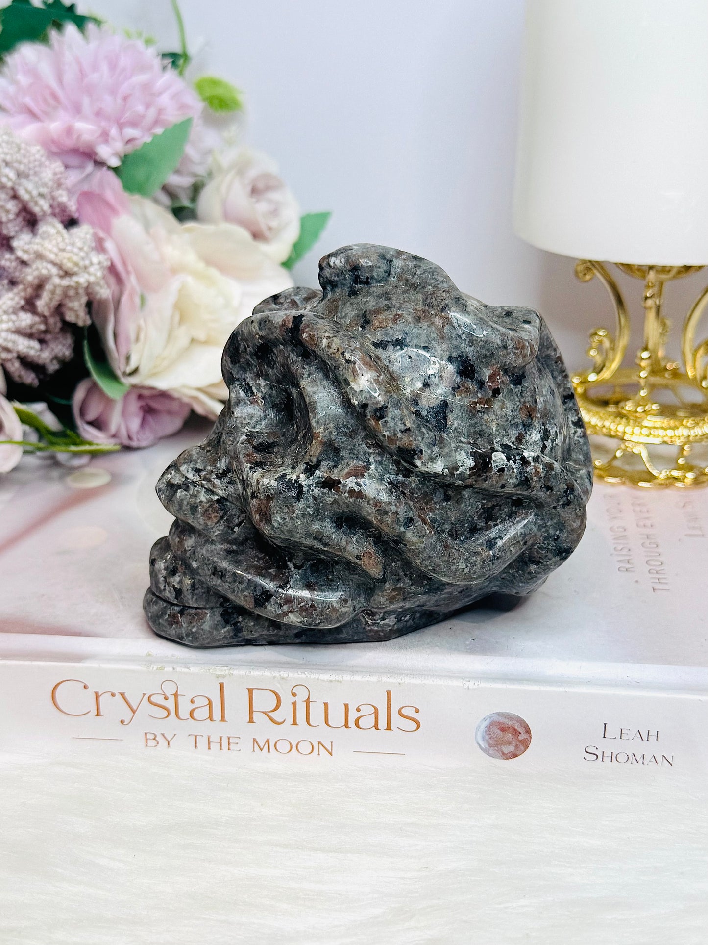 Large Yooperlite Carved Skull with Snake (UV Reactive) 617g