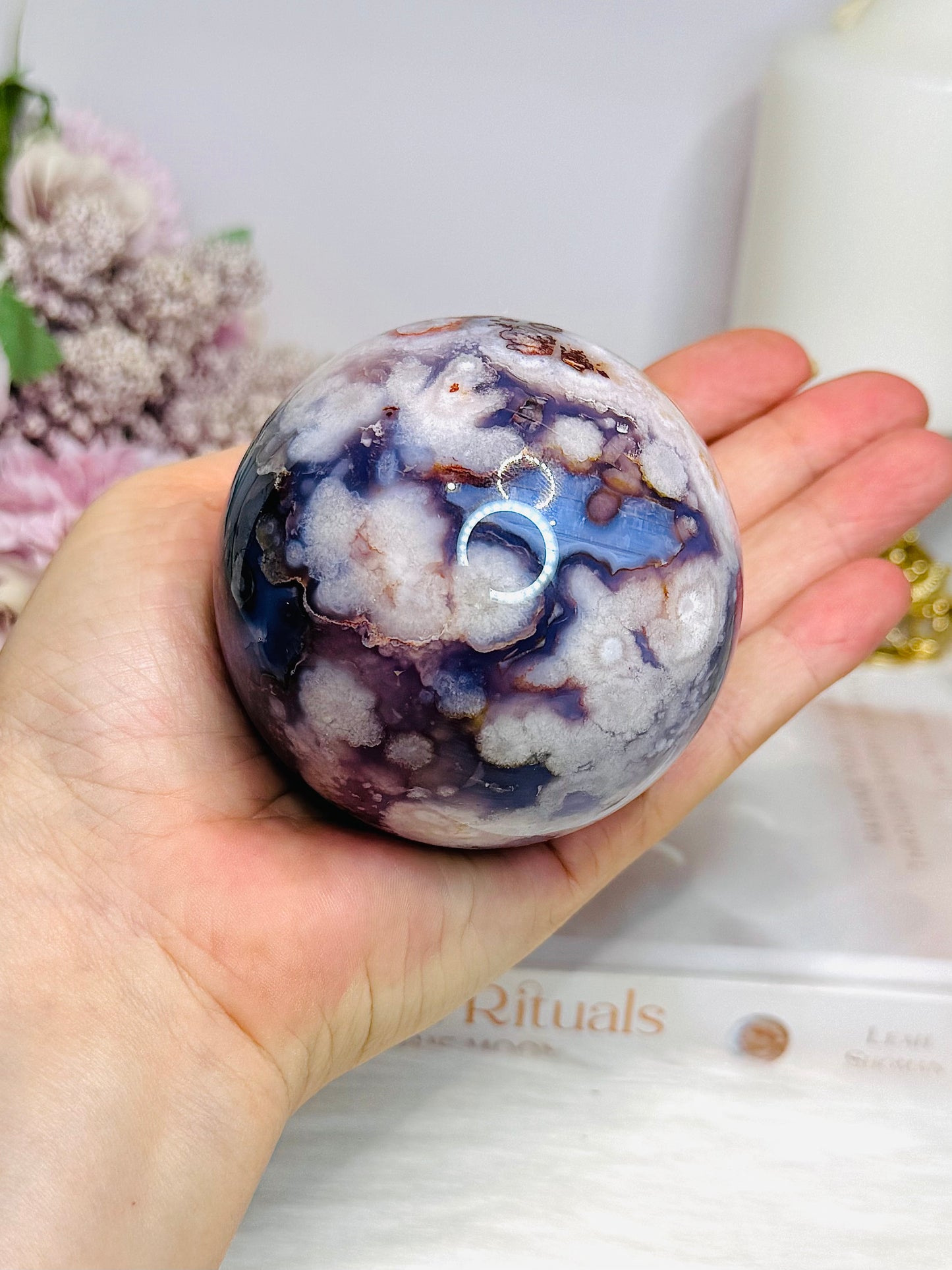 Large Blue Flower Agate | Cherry Blossom Druzy Sphere on Stand 482g