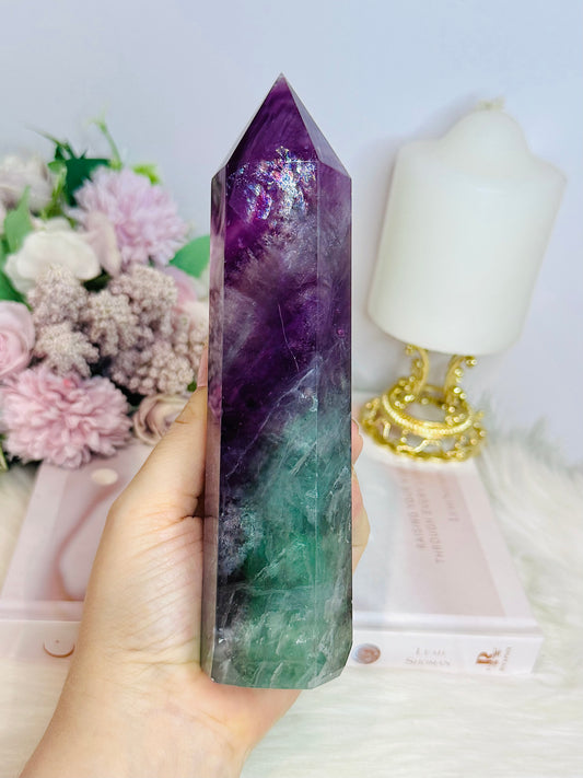 Purple & Green Fluorite Tower with Rainbows 17.5cm