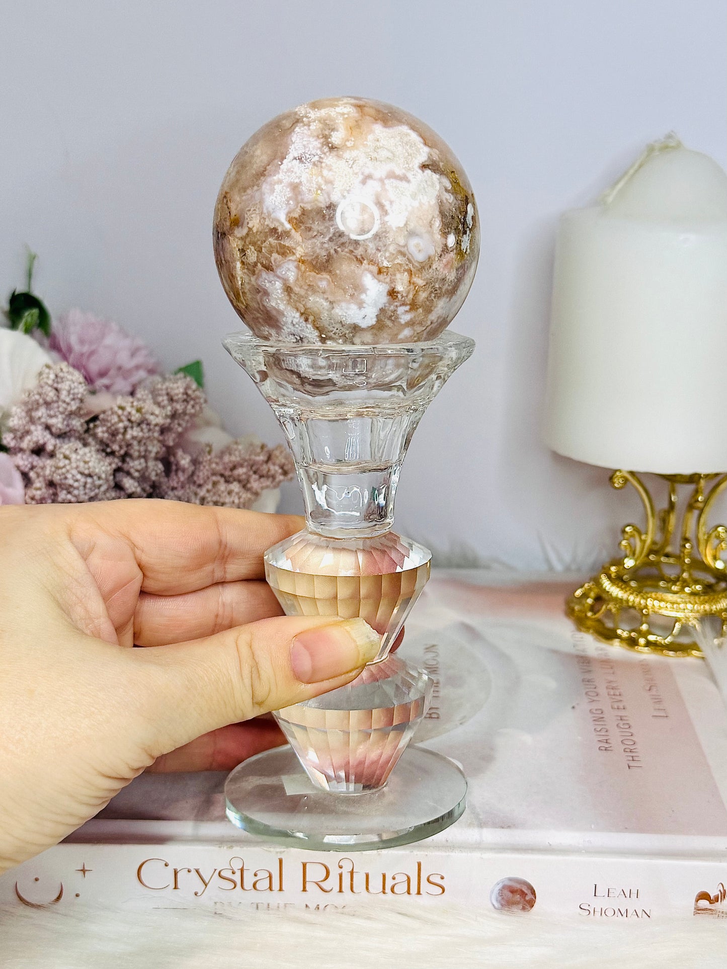 Large Flower Agate Sphere 306g On Glass Stand