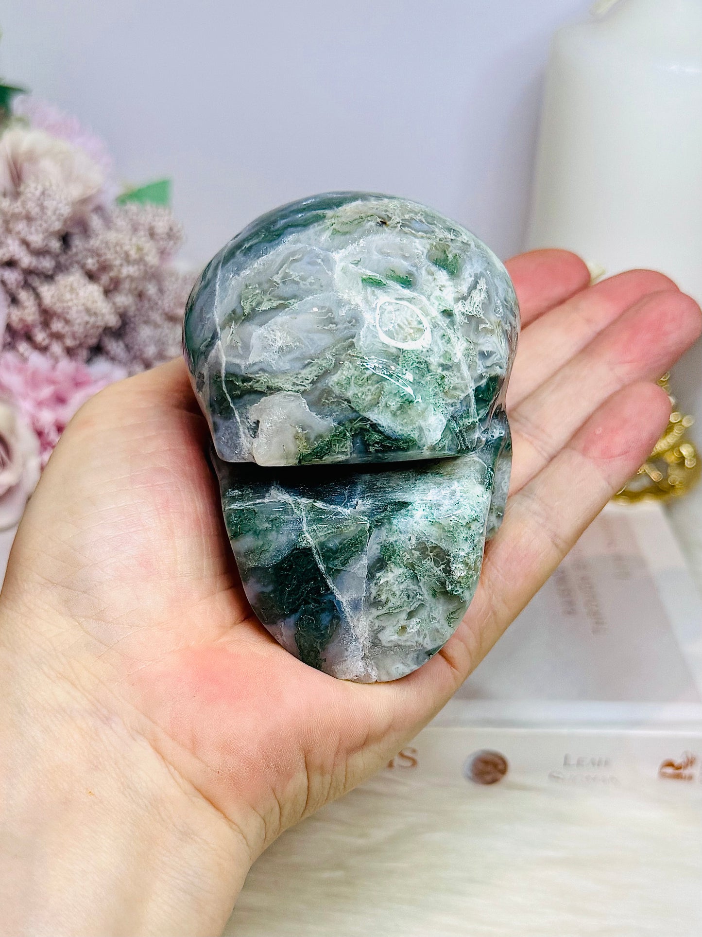 Large Moss Agate Carved Skull 9cm 452g