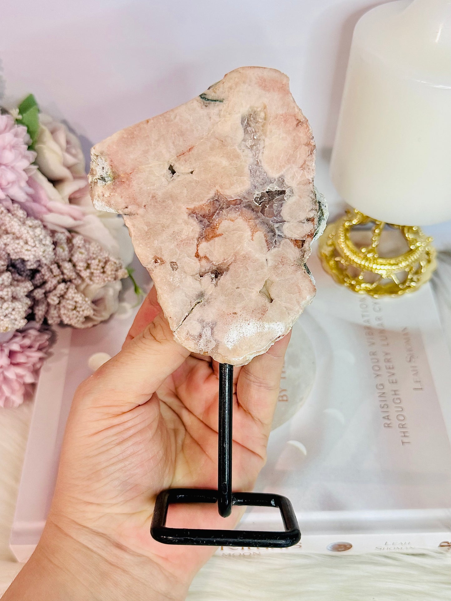 Beautiful 16cm Natural Druzy Polished Pink Amethyst Slab On Stand From Brazil