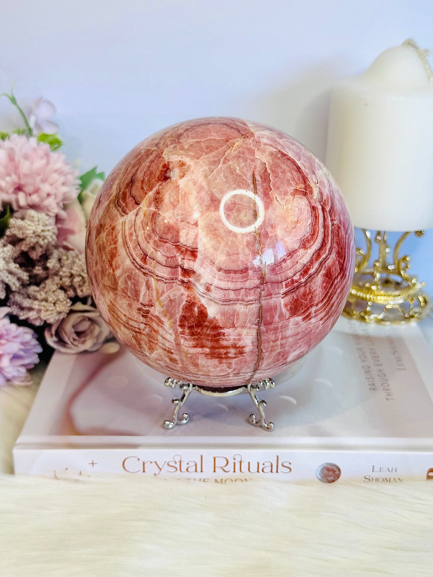 Huge 2.3KG Red Banded Calcite | Pork Stone Sphere On Stand