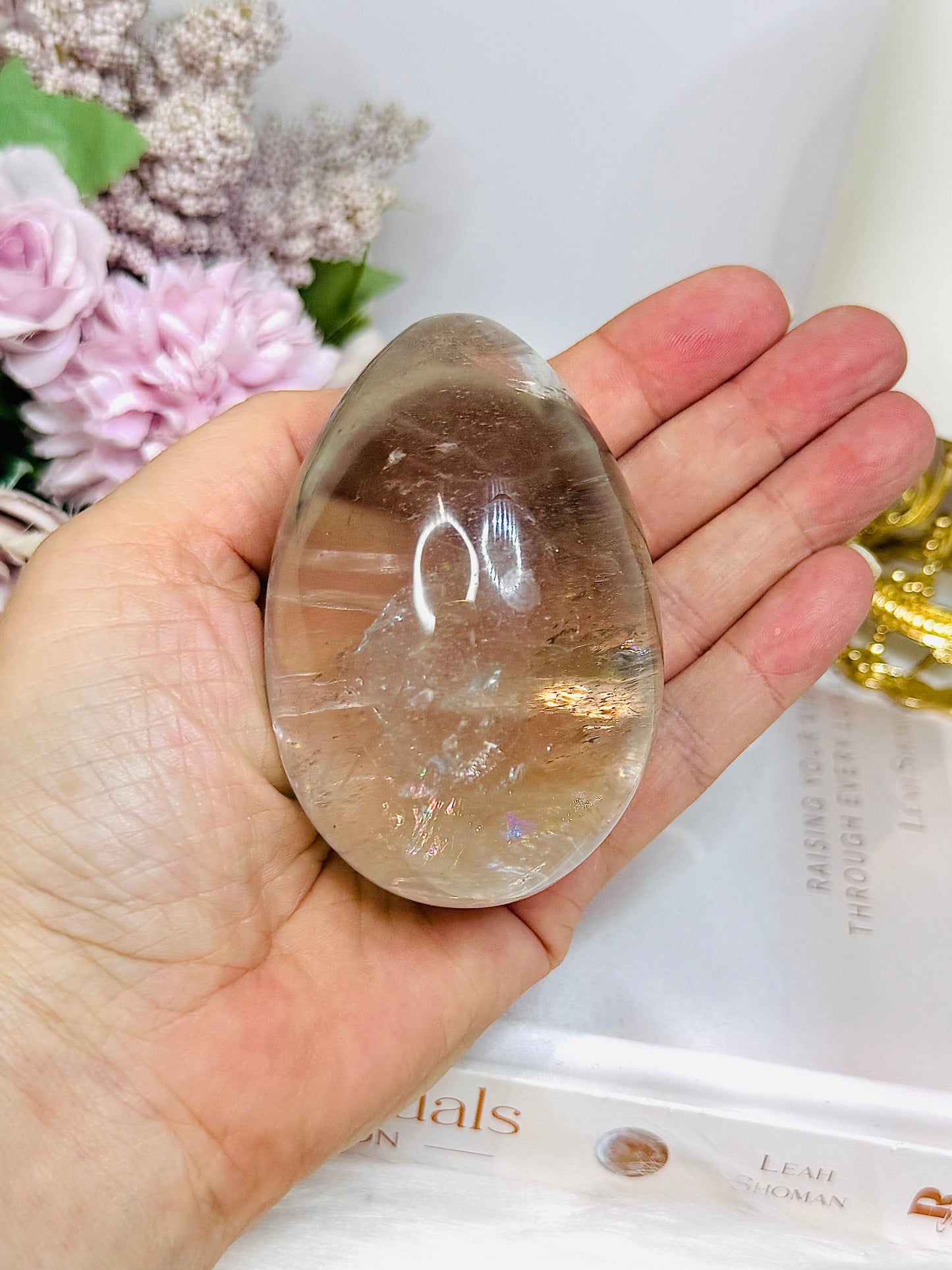 Large Quartz Egg On Stand with Rainbows 280g