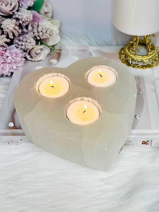 Large Selenite Chunky Triple Candle Heart Holder 1.5KG 15cm