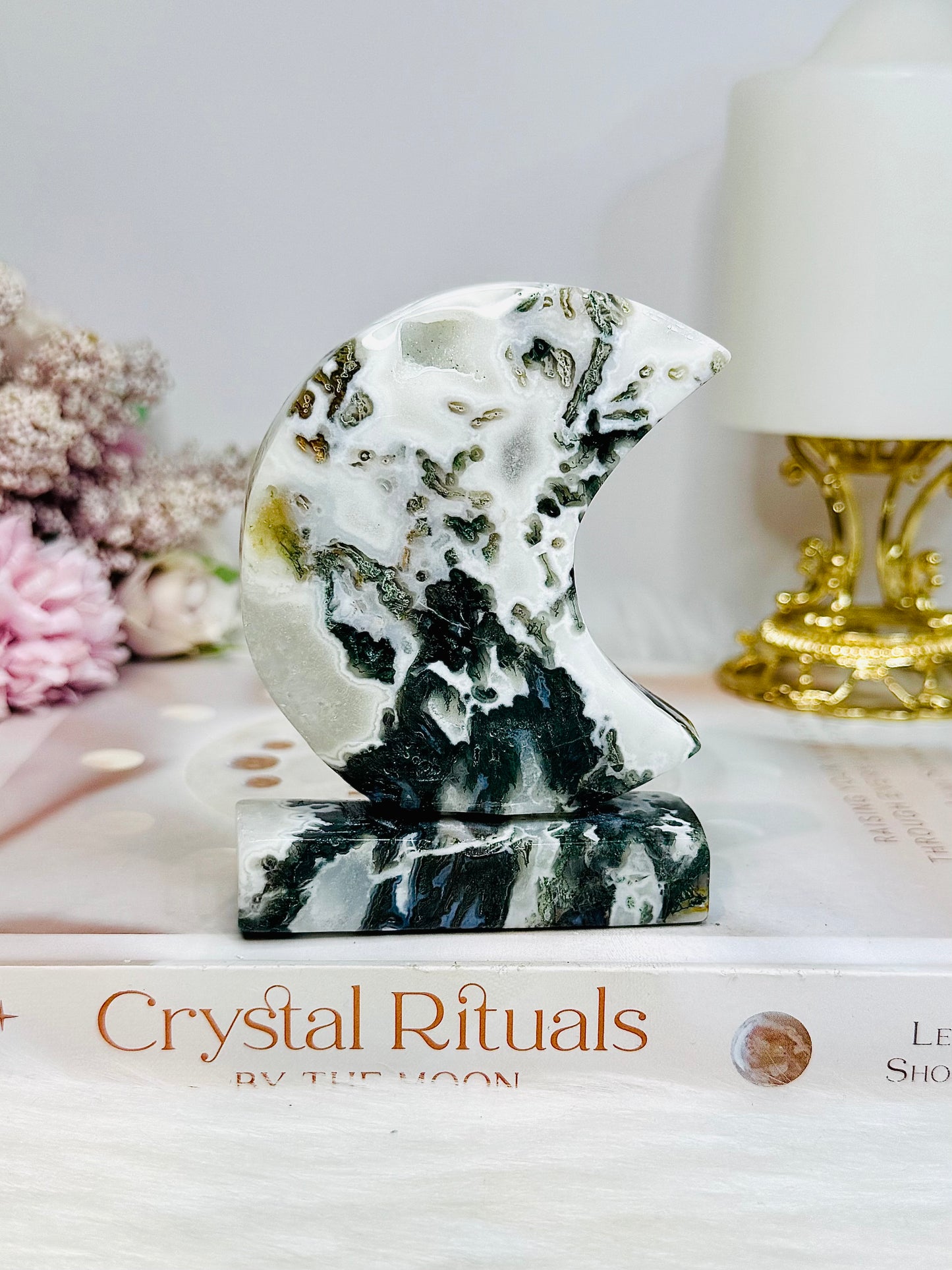 Moss Agate Druzy Moon On Stand 9.5cm 243g