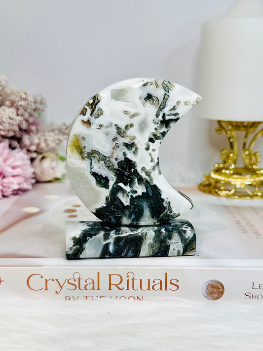 Moss Agate Druzy Moon On Stand 9.5cm 243g