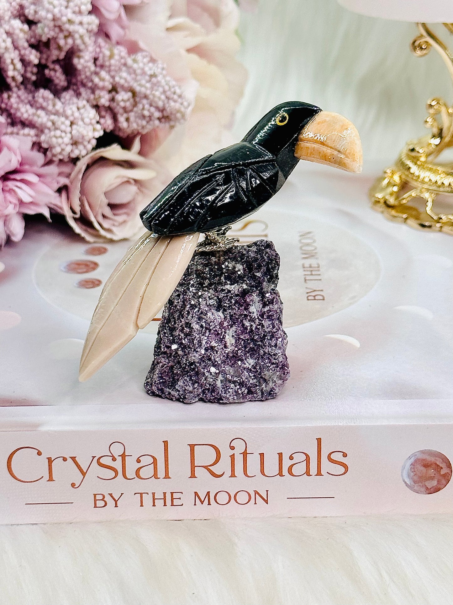 Gorgeous Jade Toucan | Bird Carving on Lepidolite Stand