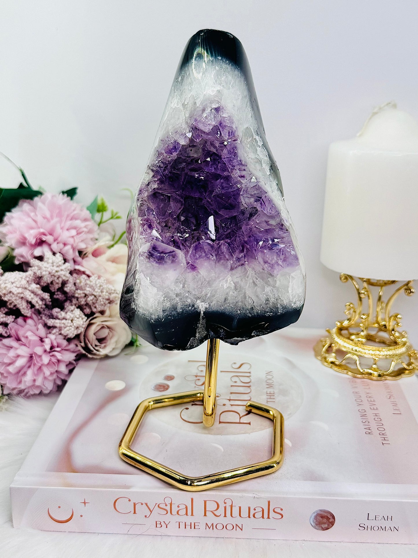 Incredible Large 20cm 1.1KG Natural Amethyst Agate Cluster Freeform on Gold Stand