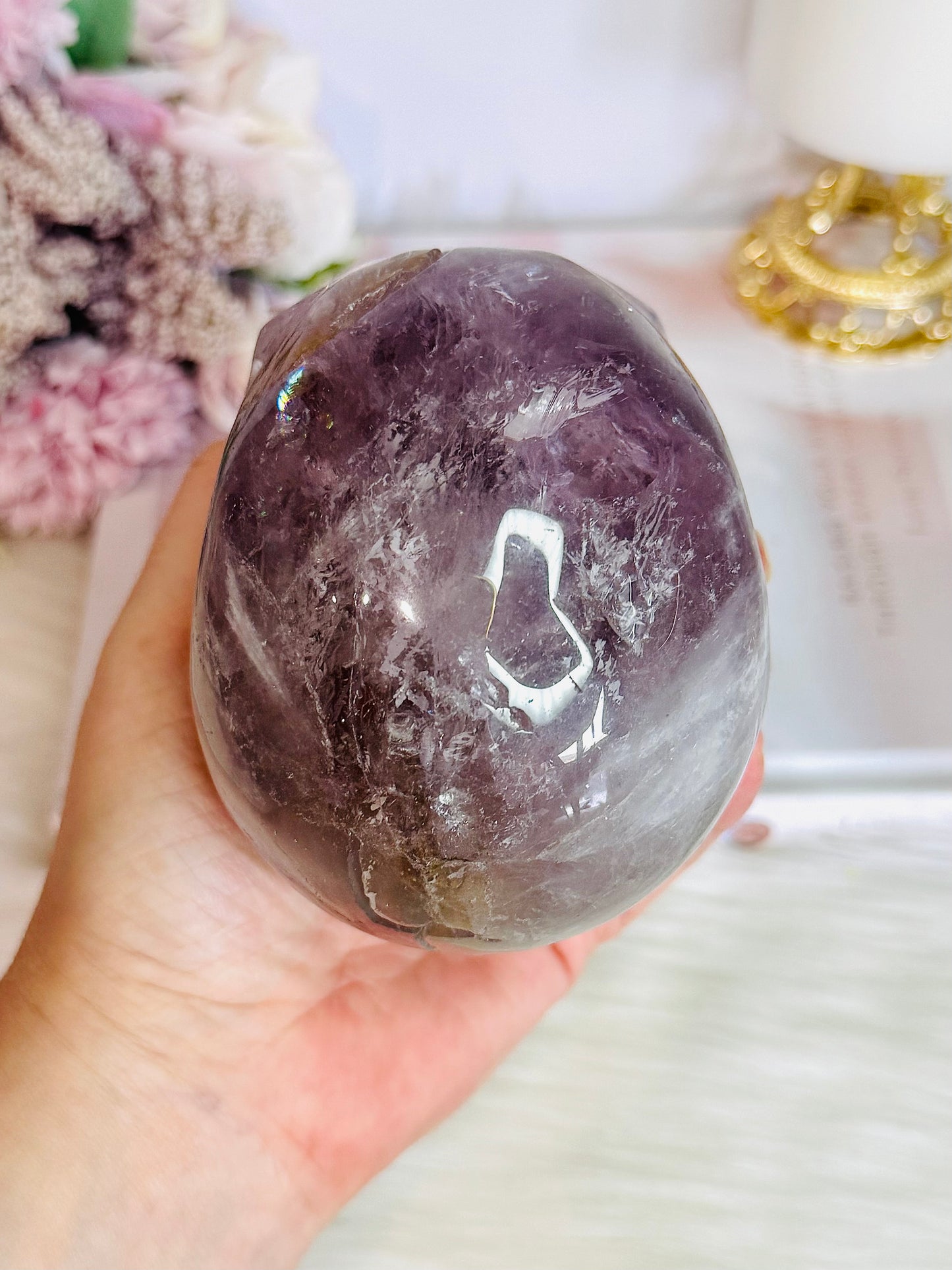 Huge 991gram High Grade Amethyst Carved Skull with Rainbows