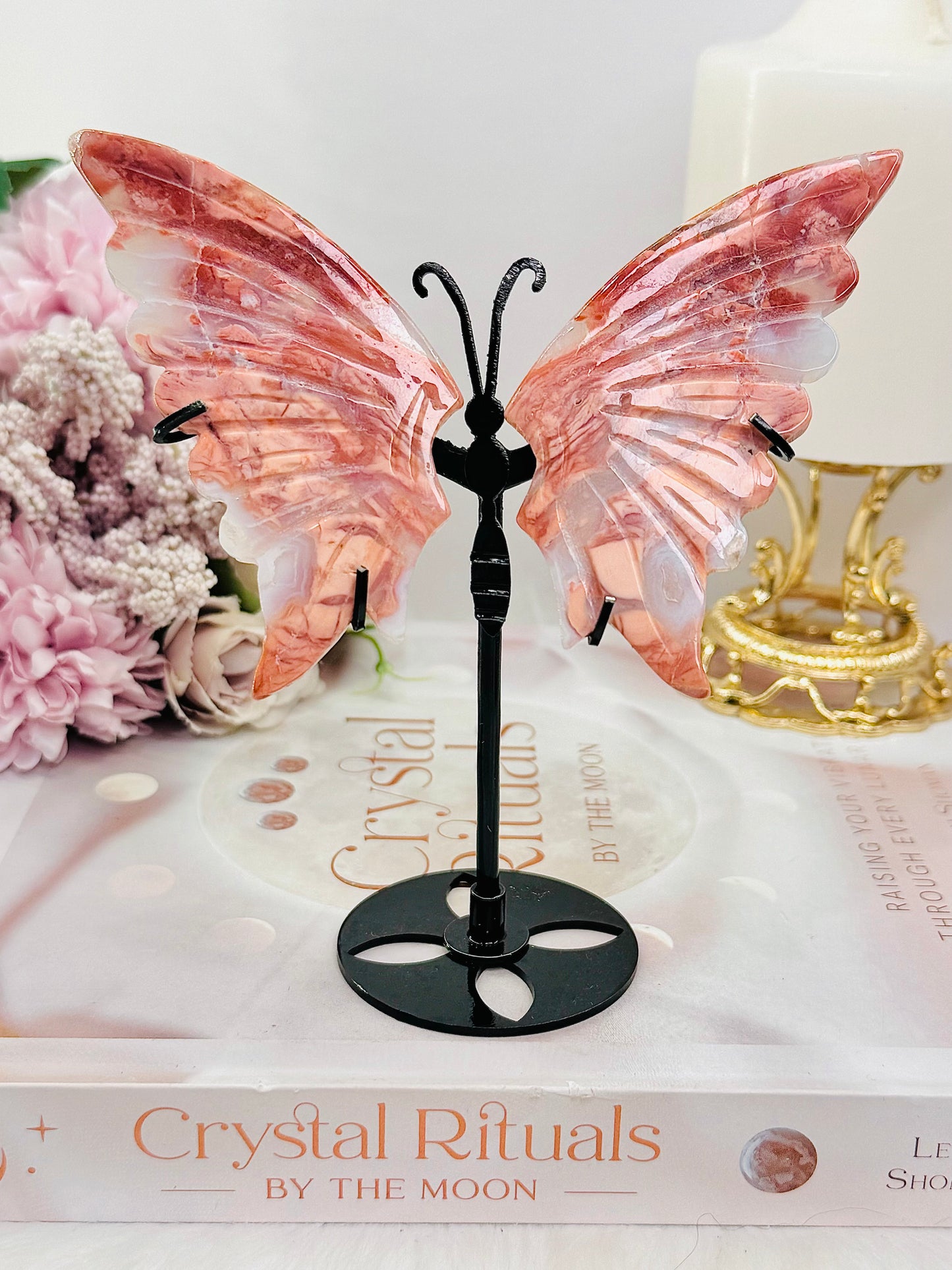 Gorgeous 13cm Pink Agate Butterfly Wings On Black Stand