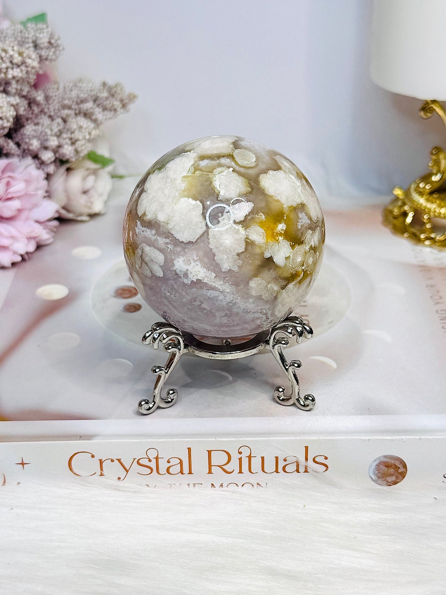 Flower Agate X Amethyst Sphere on Stand 280g