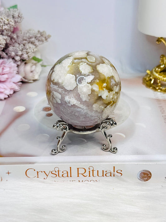 Flower Agate X Amethyst Sphere on Stand 280g