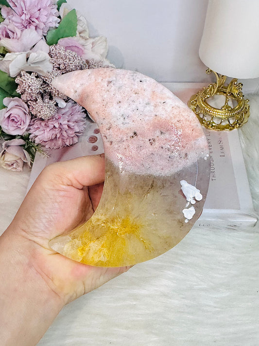 Large Pink Amethyst X Quartz Carved Moon 12cm