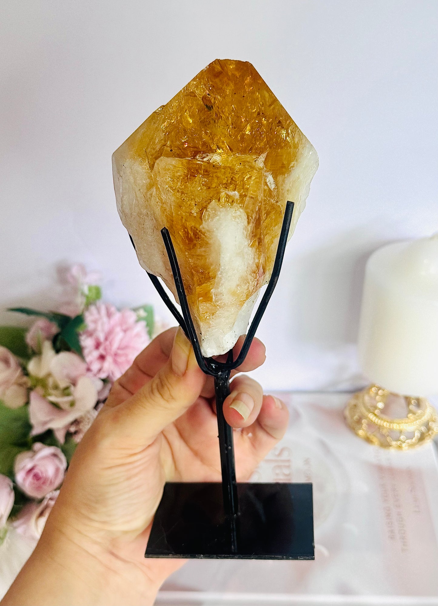 Incredible Large Citrine Freeform Full Of Rainbows On Custom Stand (Heat Treated)