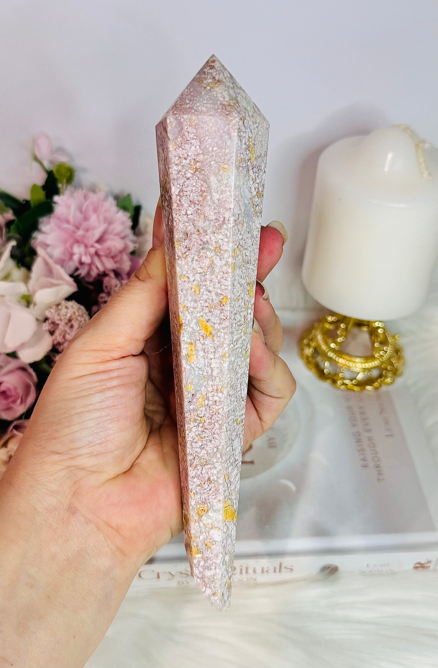 Fabulous Large 20cm Druzy Pink Agate Carved Wand on Stand