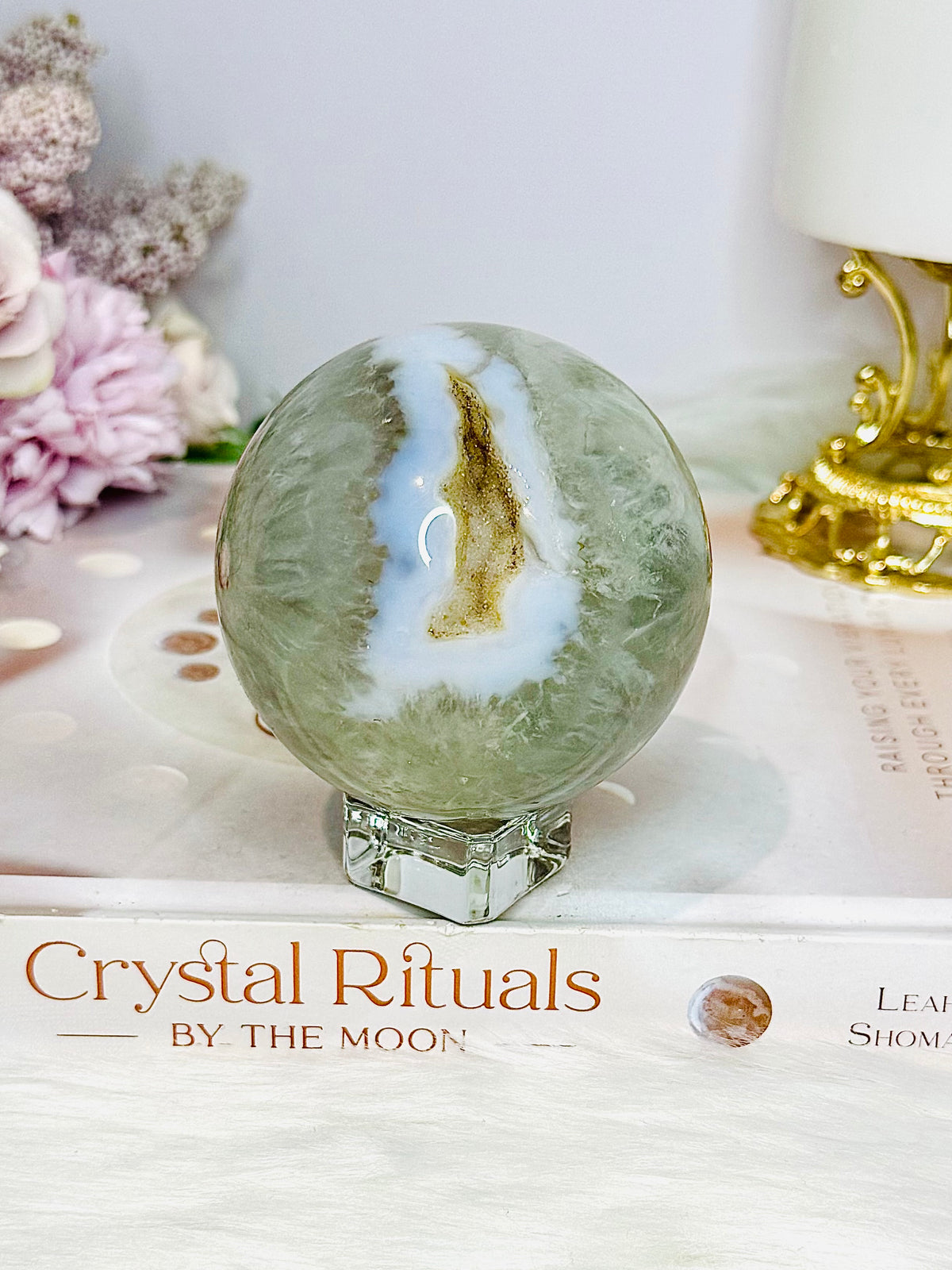 Large Green Flower Agate Sphere On Stand 369g