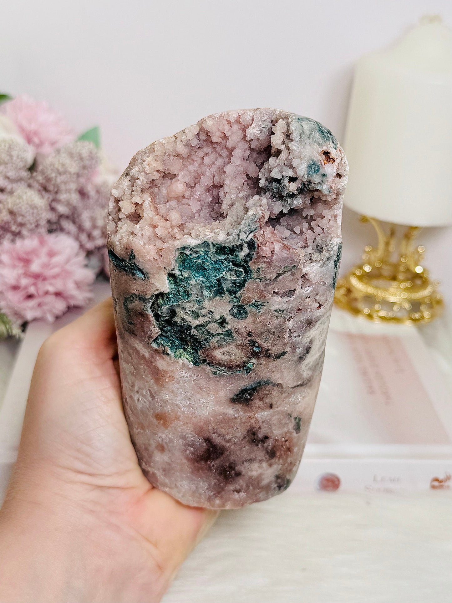 Large Pink Amethyst Druzy Freeform with Moss Agate Inclusions 775g