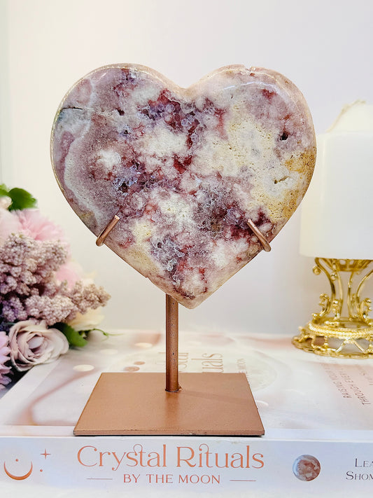 Spectacular Large Pink Amethyst Carved Puffy Heart On Gold Stand 15.5cm (inc stand)