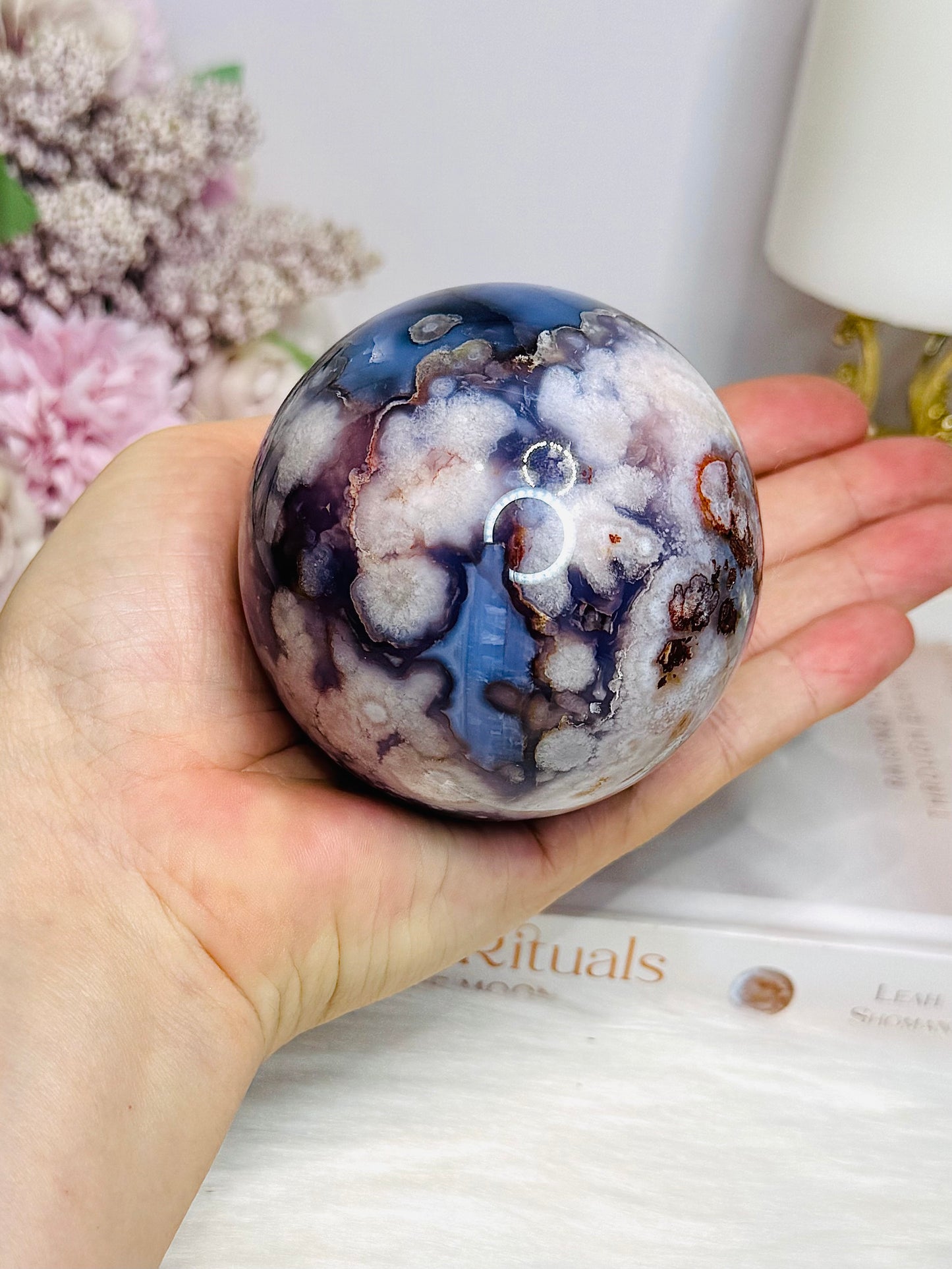 Large Blue Flower Agate | Cherry Blossom Druzy Sphere on Stand 482g
