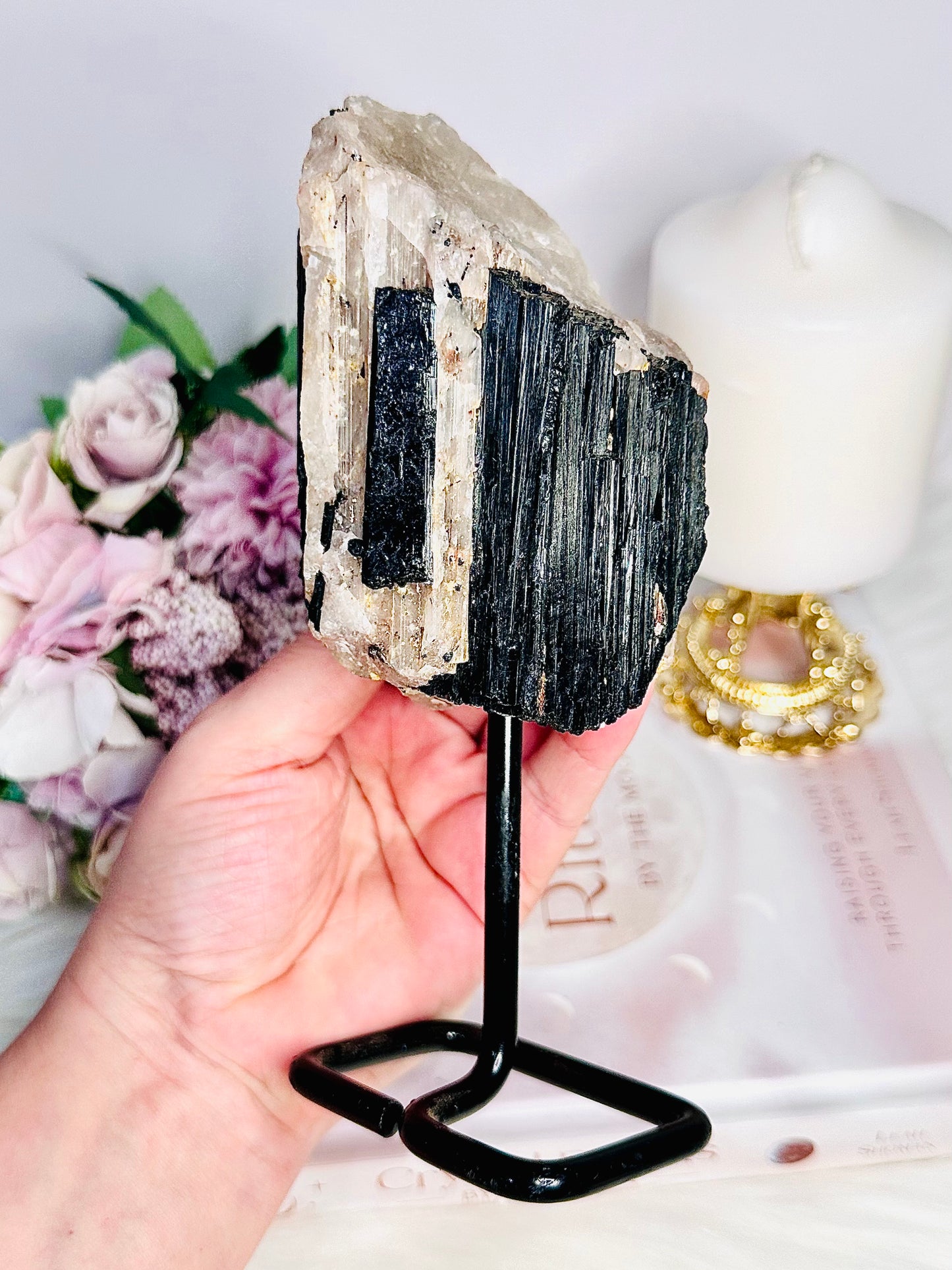A Protective Stone ~ Gorgeous Large 18cm Natural Black Tourmaline In Quartz Specimen 629gram On Stand From Brazil