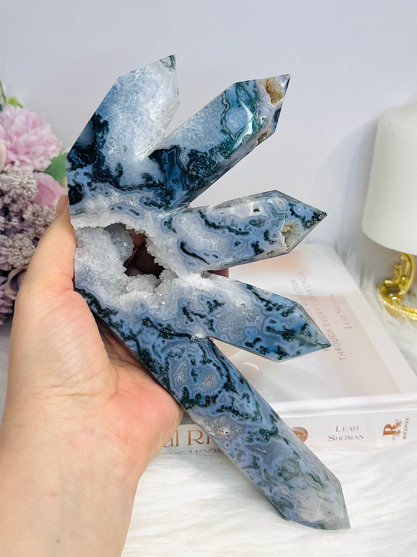 Moss Agate Druzy 5 Point Tower 22cm 638g
