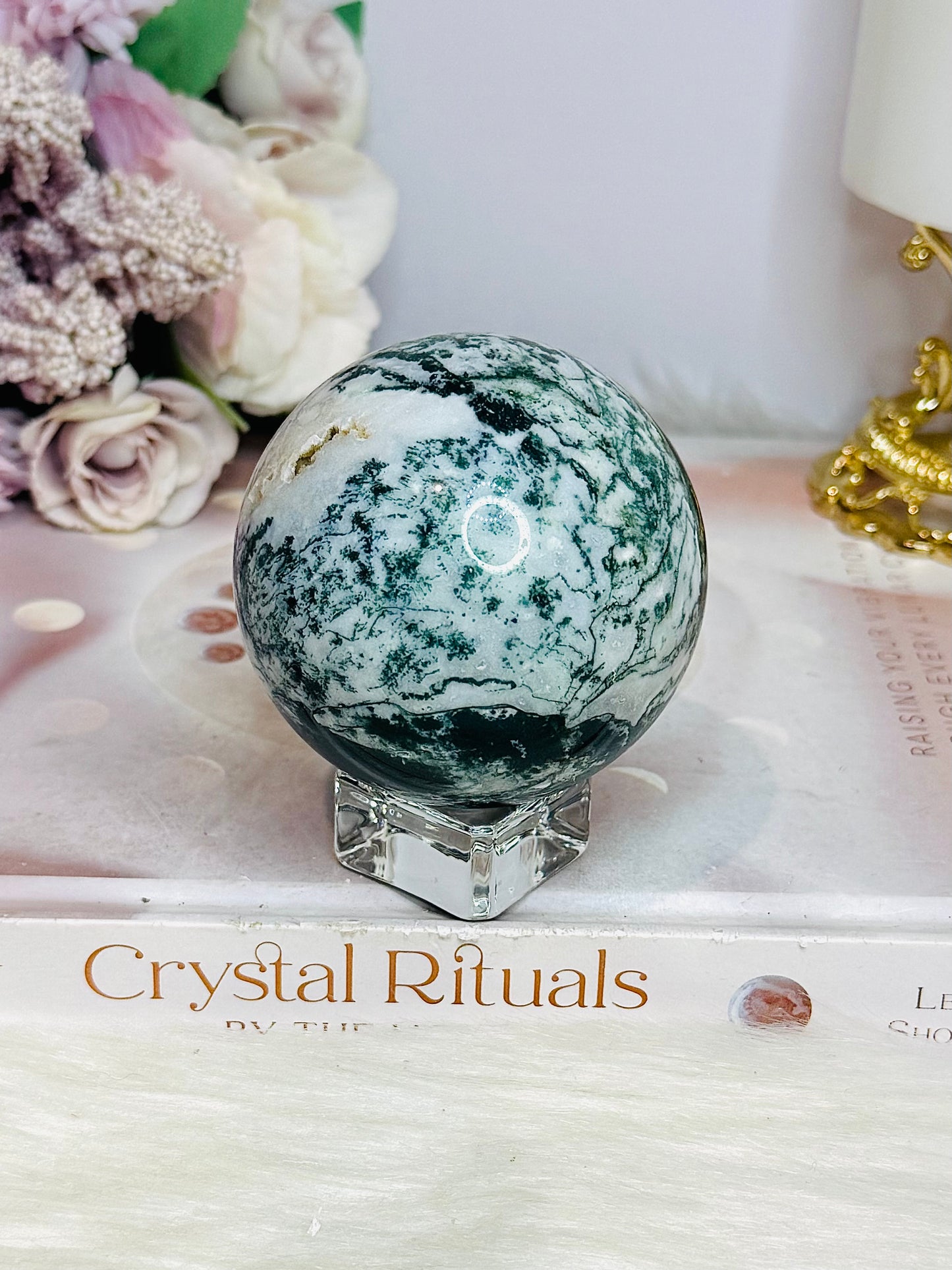 Large Moss Agate Druzy Sphere On Stand 344g