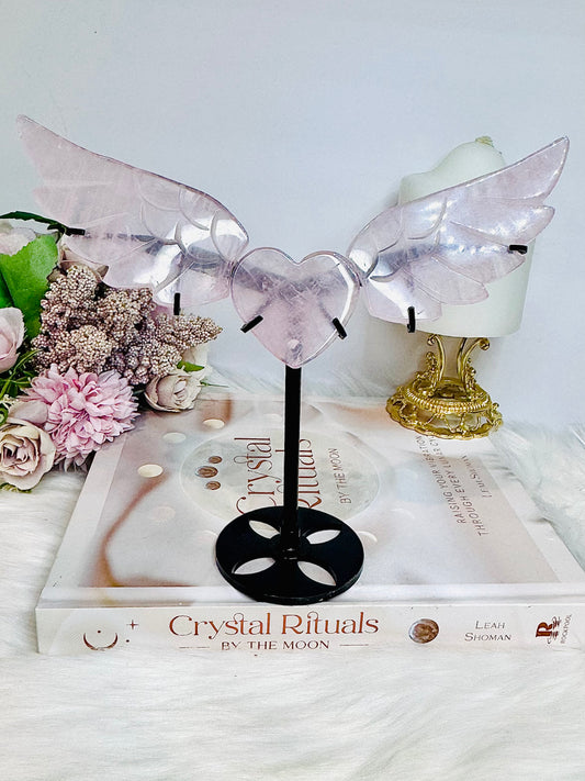 Rose Quartz Heart & Wings On Stand H 17cm x L 19cm