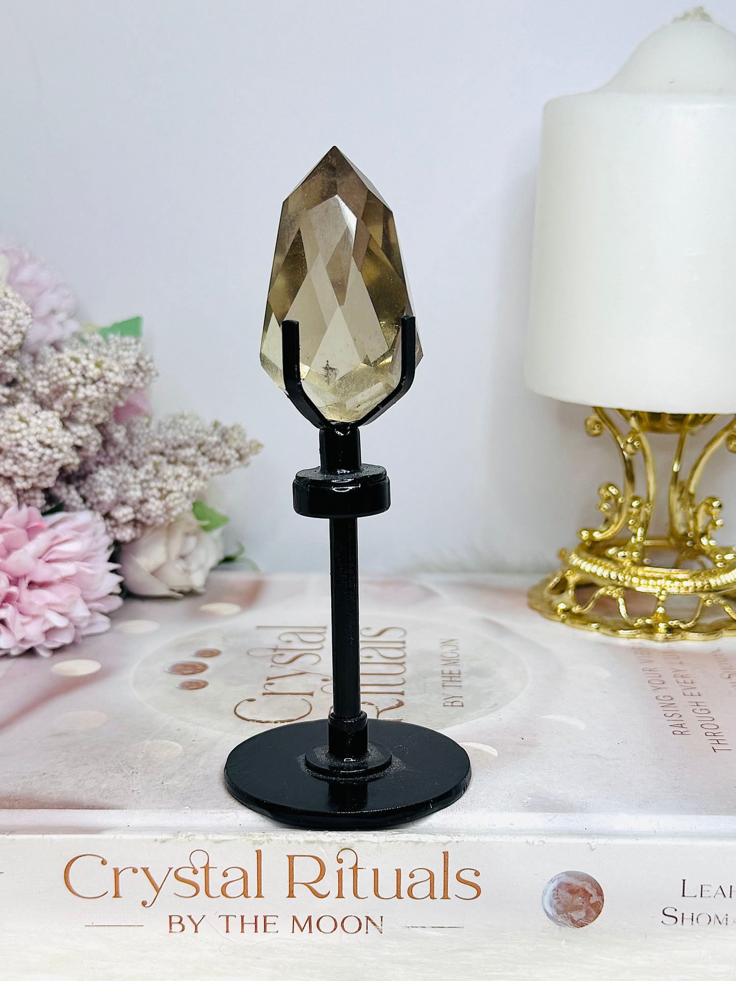 High Grade Smokey Quartz Carved Diamond on Stand