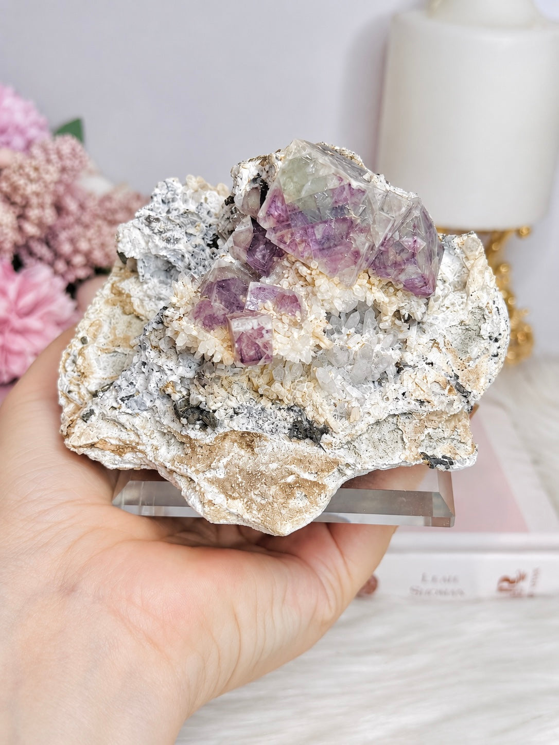 ✨ A Collectors Piece ✨ Natural Cubed Fluorite In Matrix On Glass Stand 703grams