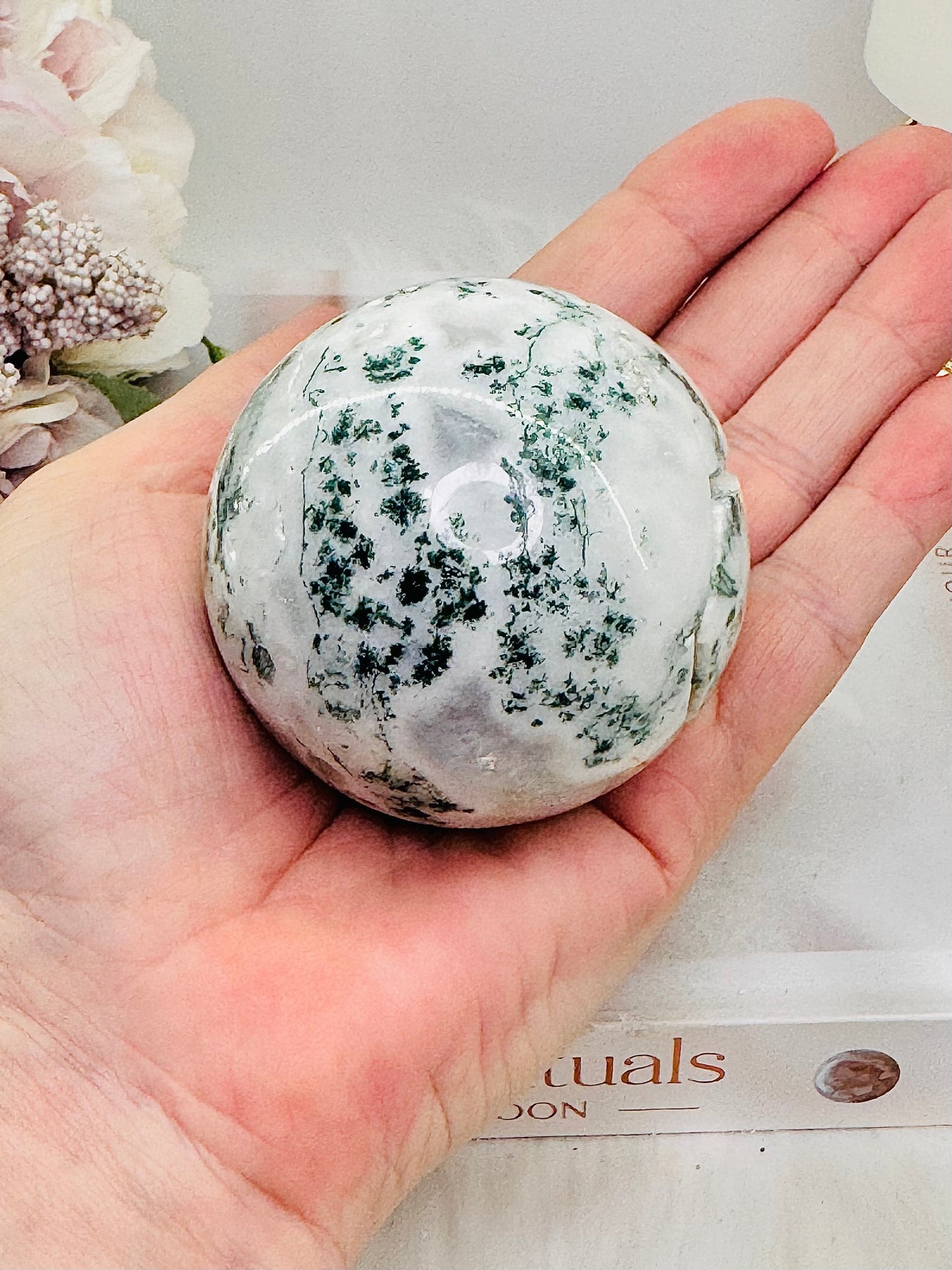 Beautiful Natural 274gram Moss Agate Sphere on Stand with Imperfections