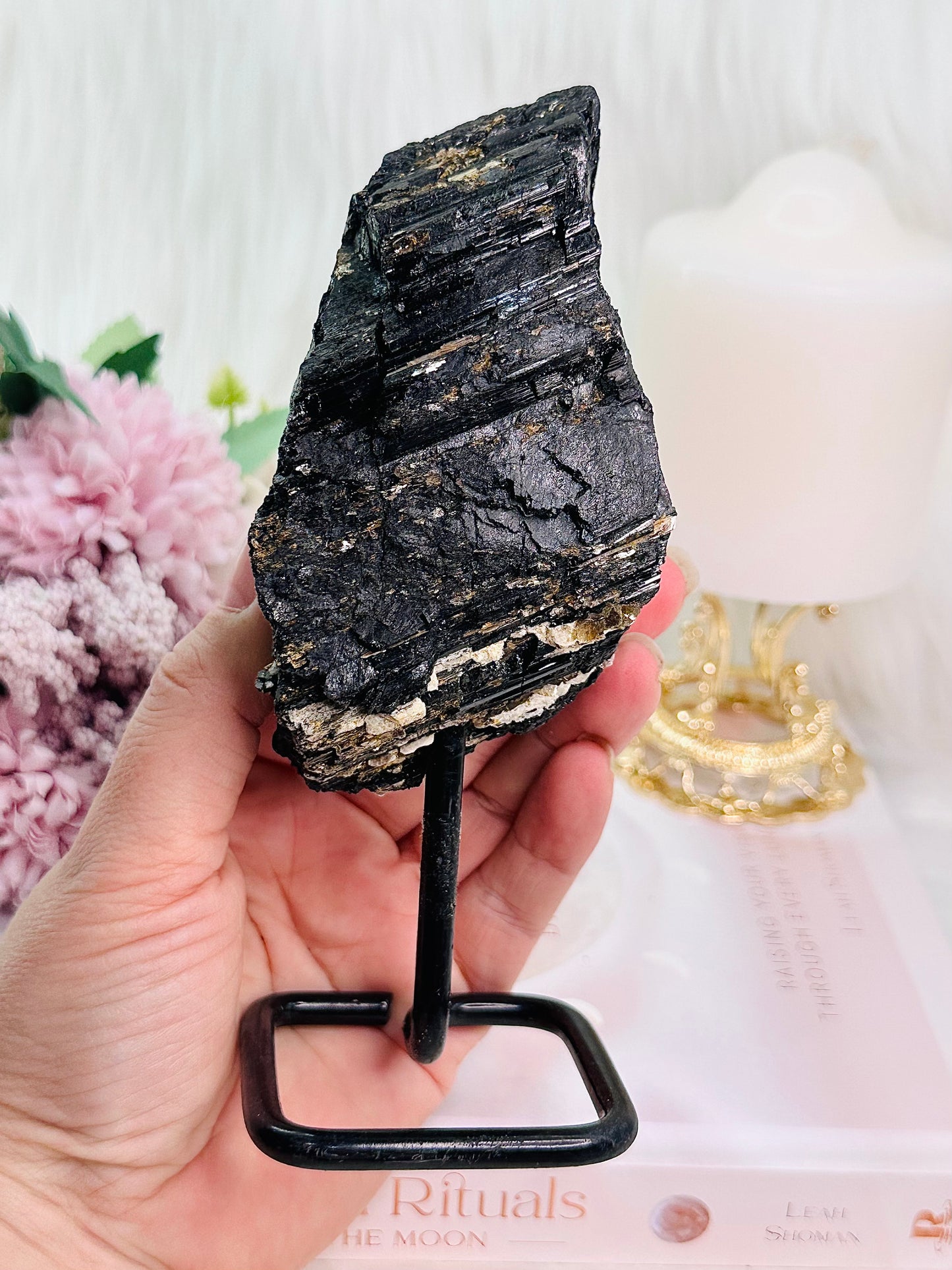 ⚜️ SALE ⚜️ Highly Protective Stone For Your Home ~ Amazing Large Natural Raw Black Tourmaline Specimen On Stand 623grams