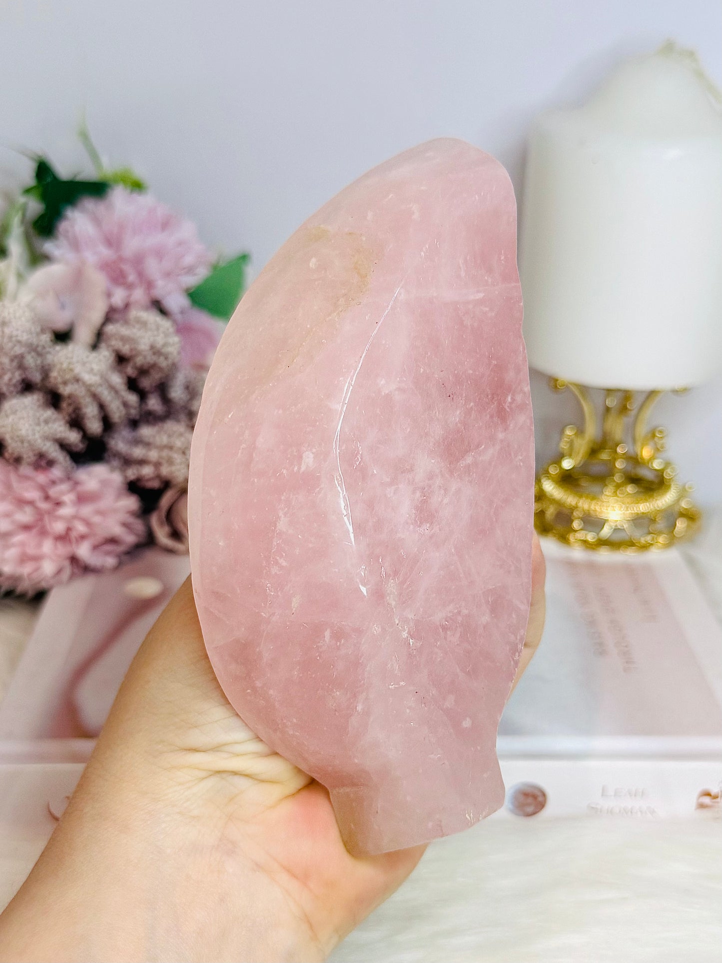 Large Chunky Rose Quartz Carved Leaf Bowl 15cm 410g