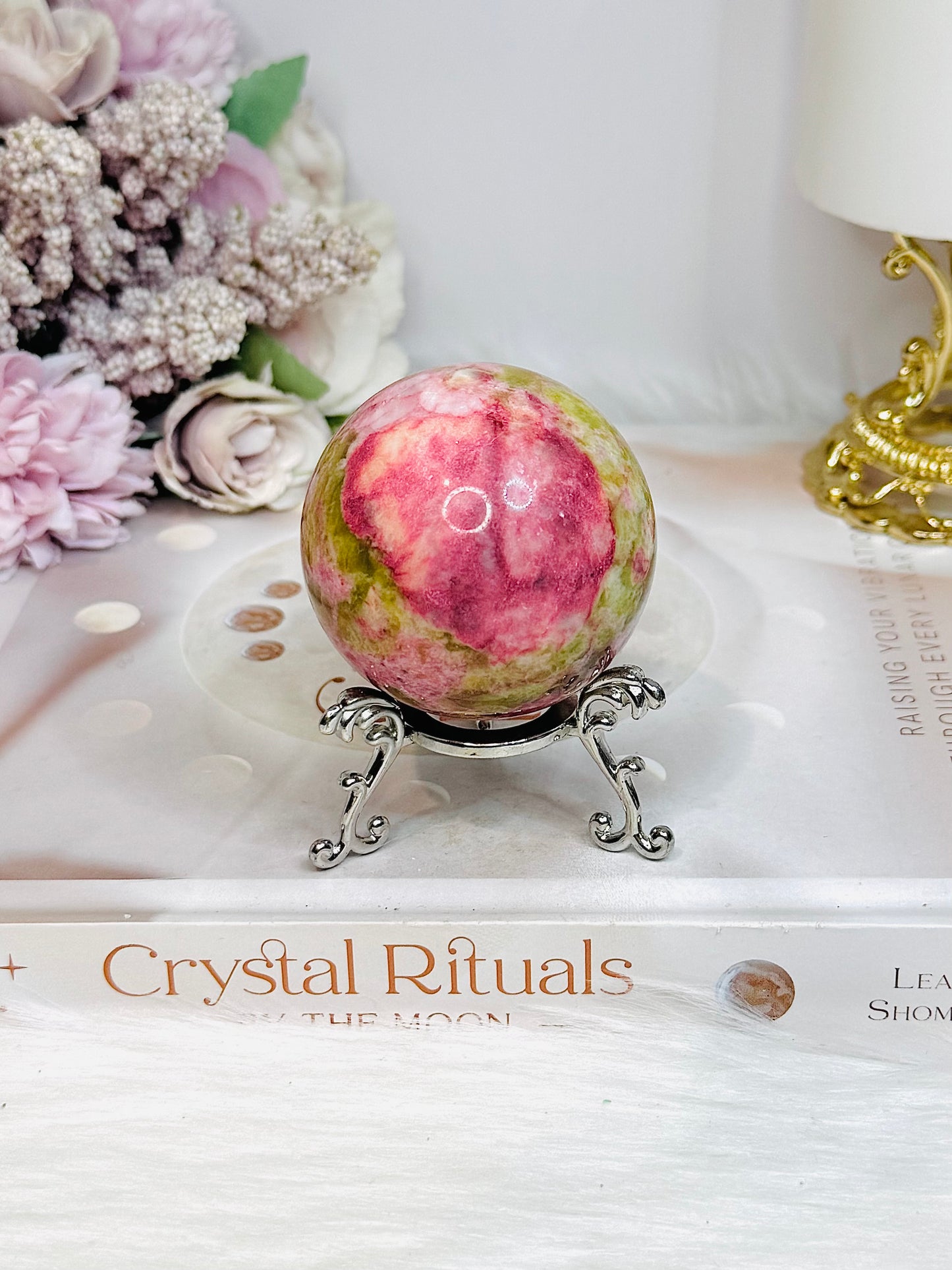 Thulite Sphere with Epidote 208g On Stand