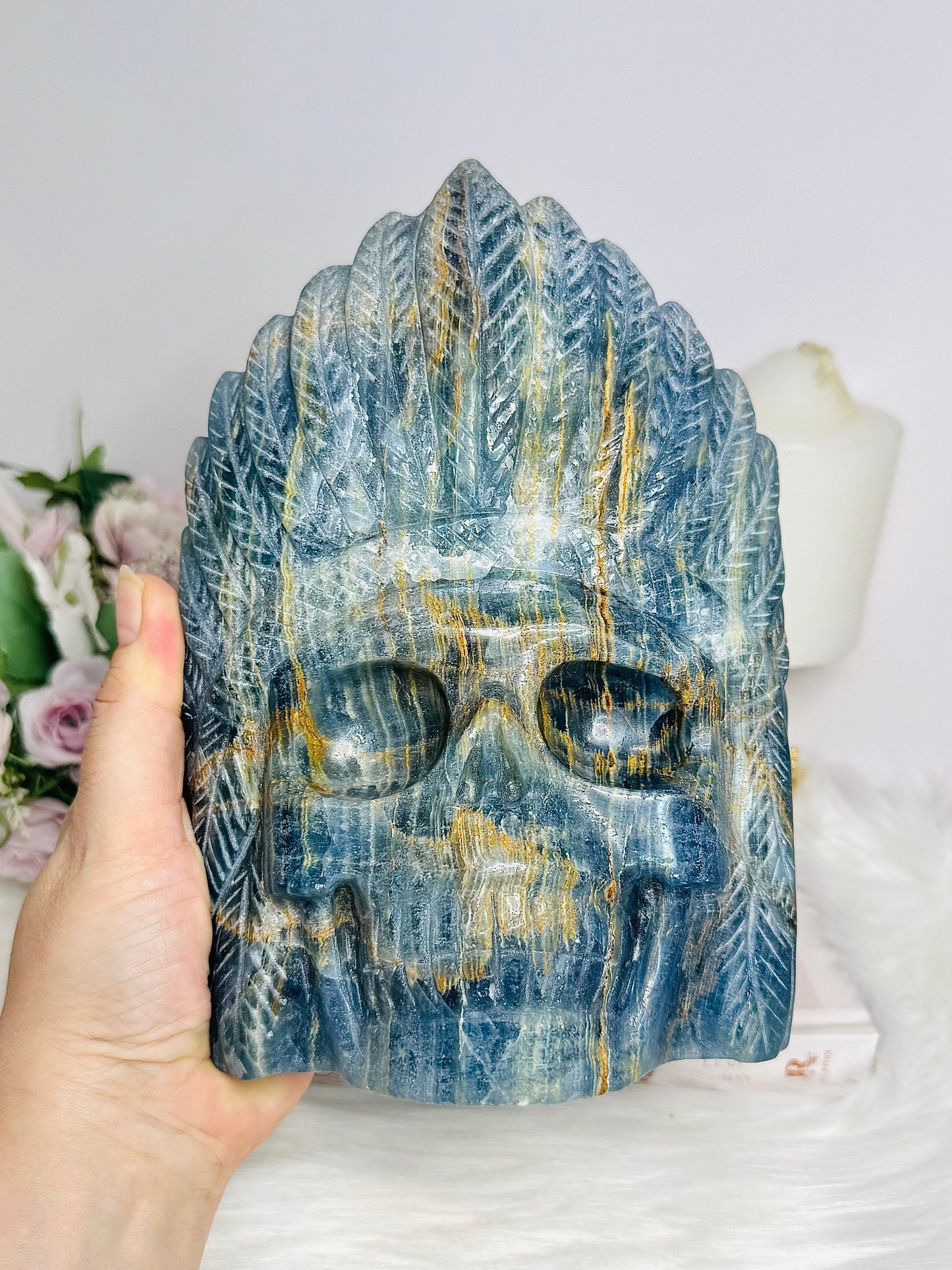 Large Natural Blue Onyx Carved Skull with Feather Headdress 19.5cm