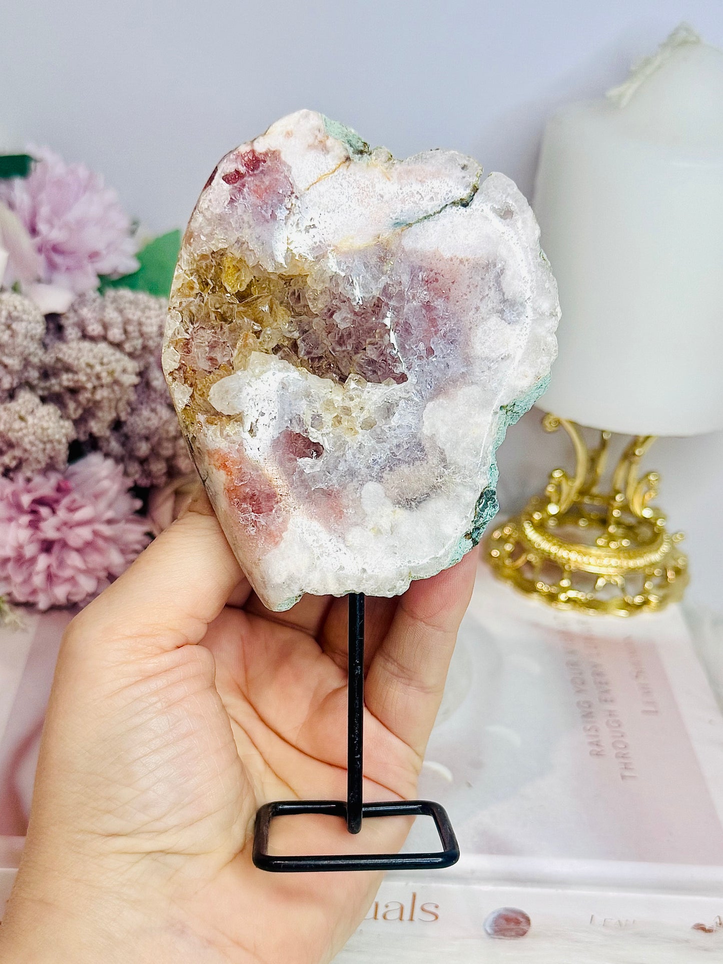 Pink Amethyst Natural Druzy Slab On Stand 14cm