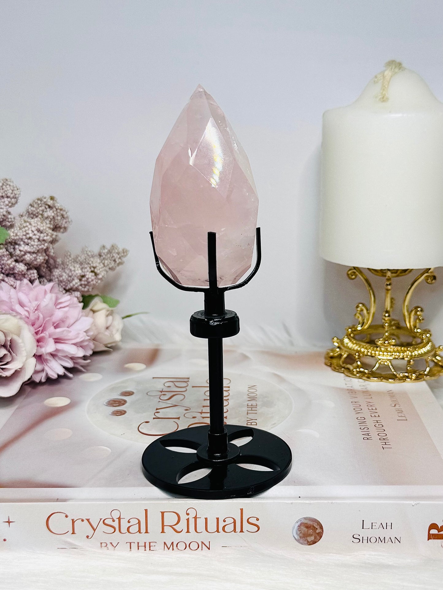 Rose Quartz Carved Faceted Diamond on Stand 15cm