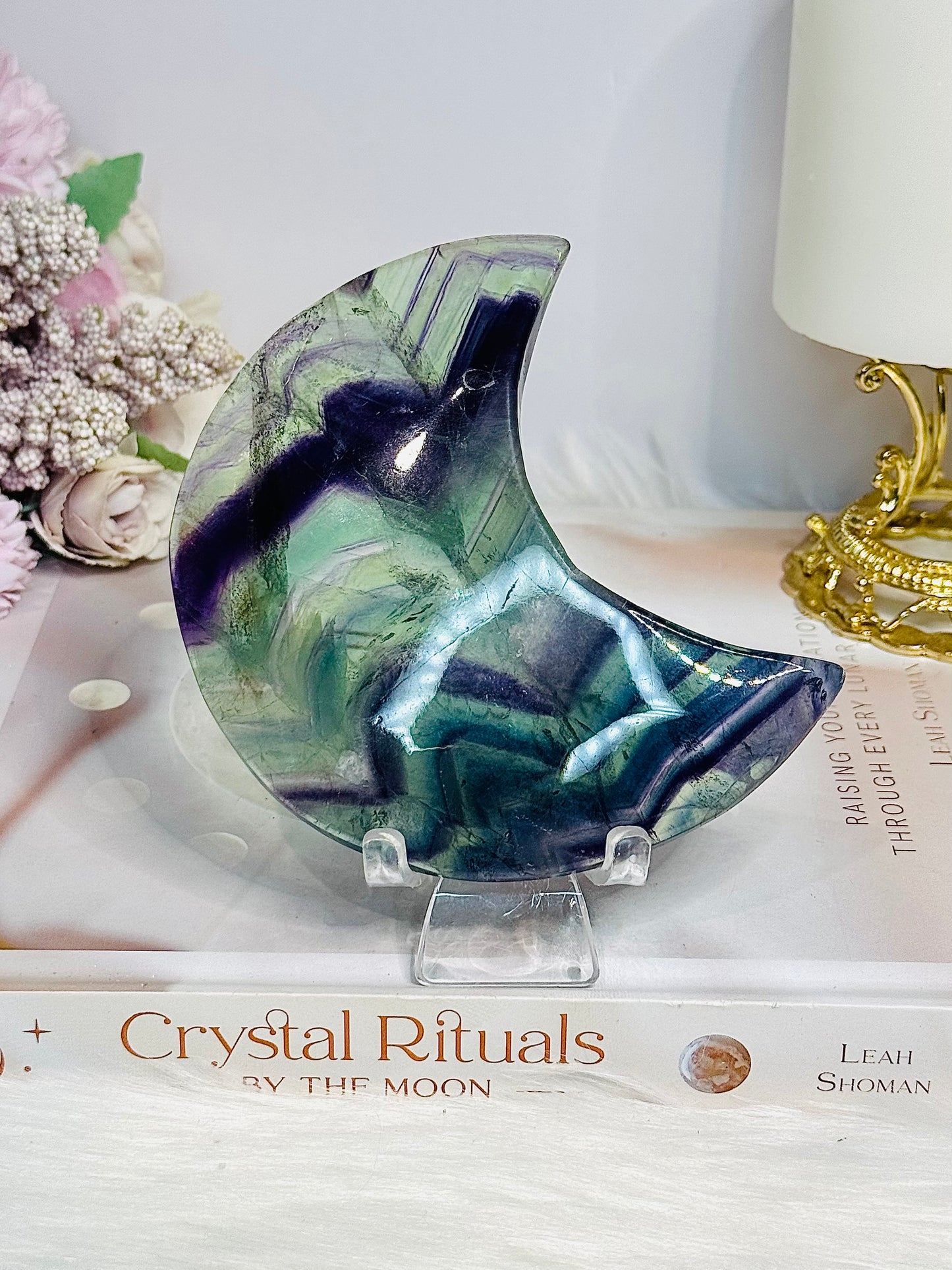 Fluorite Moon with Rainbows On Stand 11cm