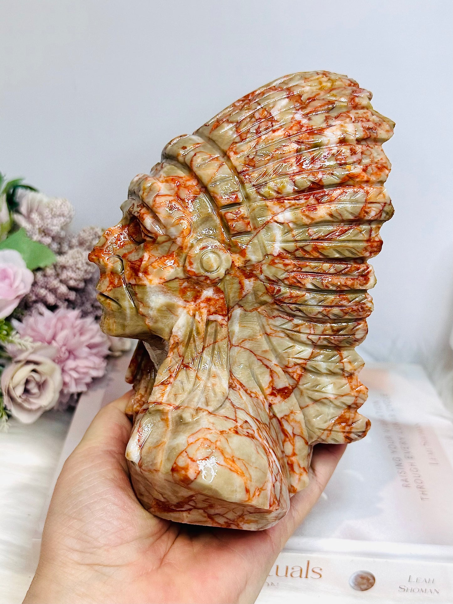 Large Red Vein Jasper Carved American Indian Chief 17cm 1.65KG