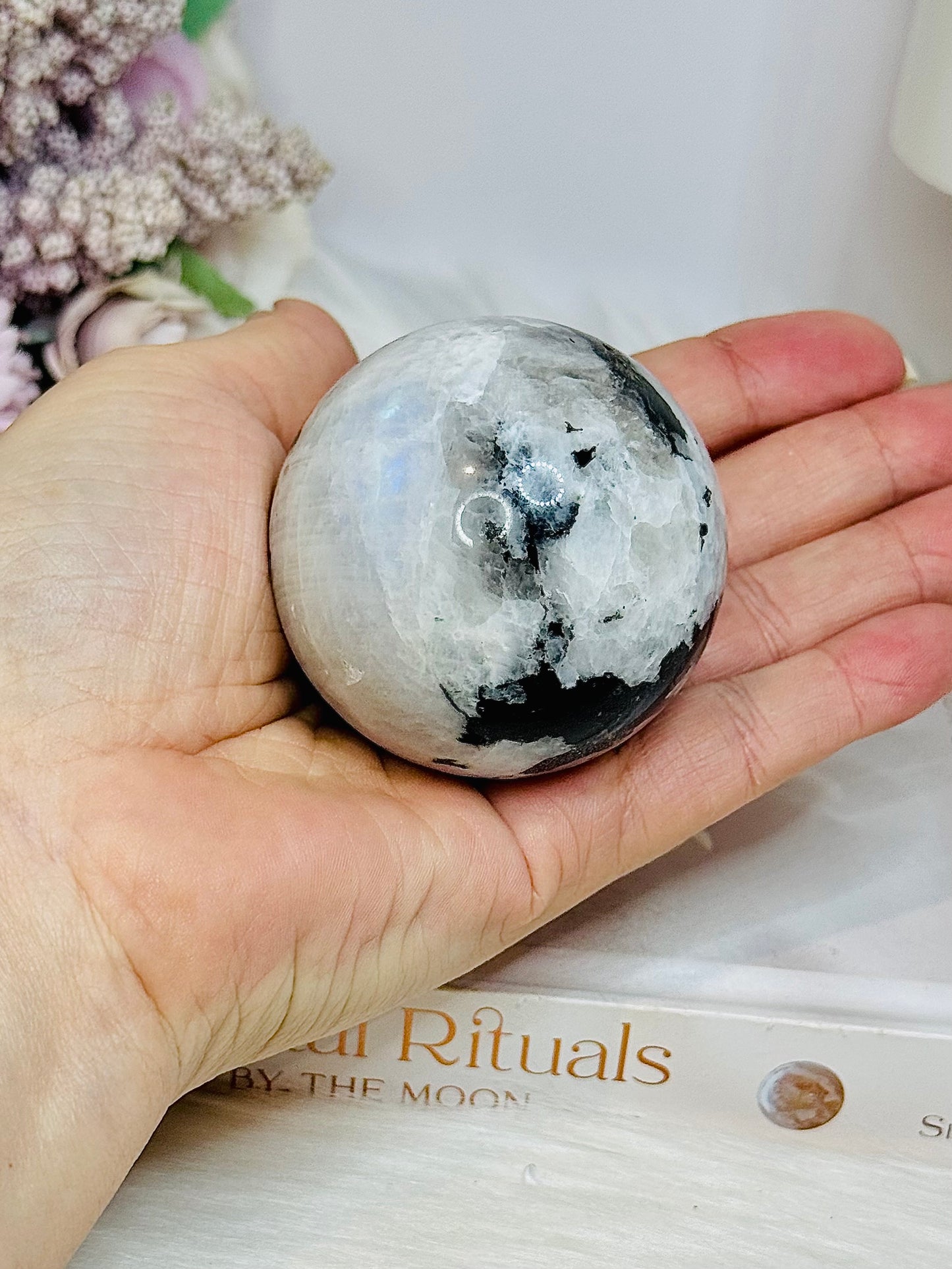 Rainbow Moonstone Sphere on Stand 237g