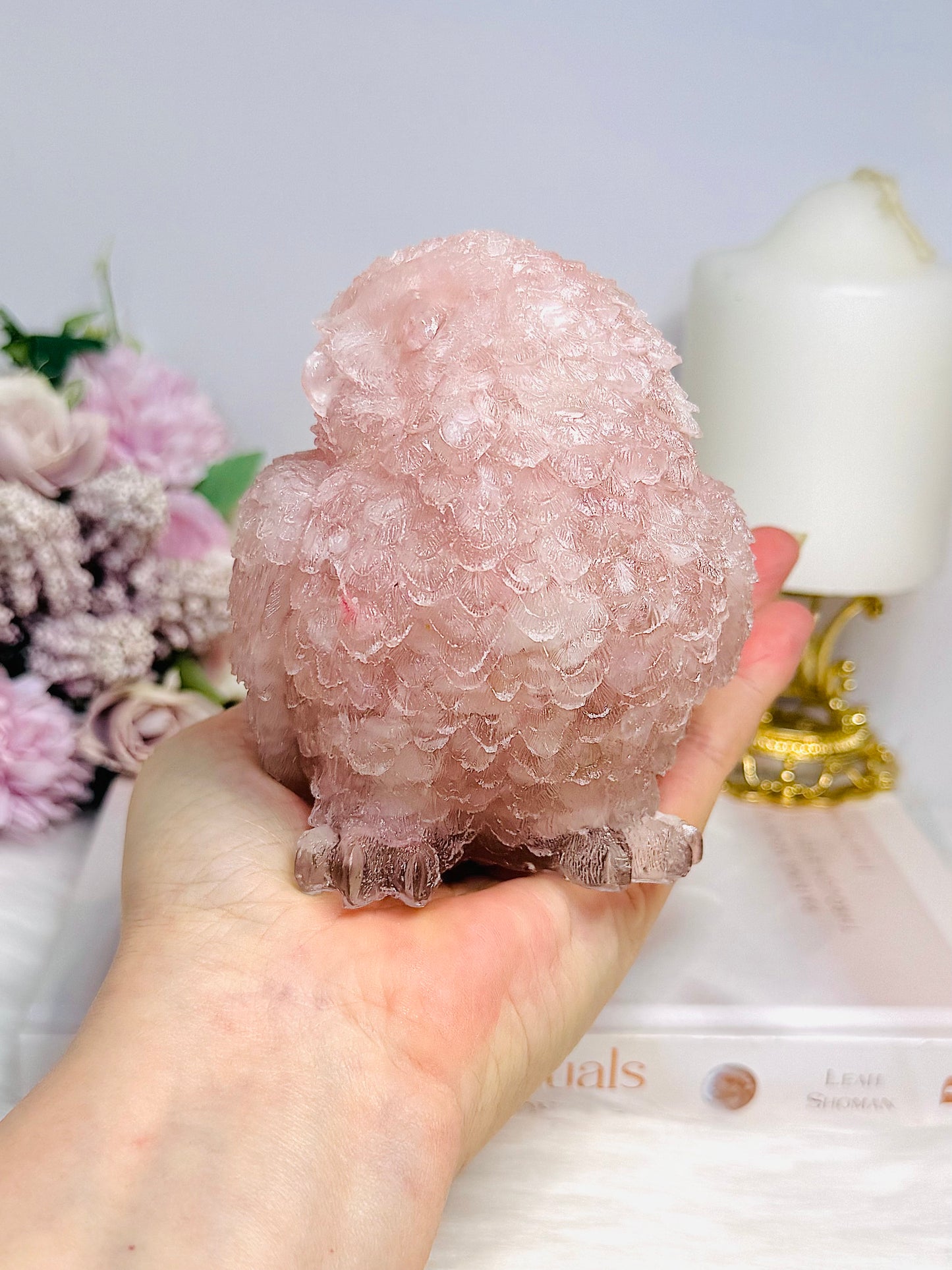 Large Rose Quartz Filled Resin Owl 10cm 639g