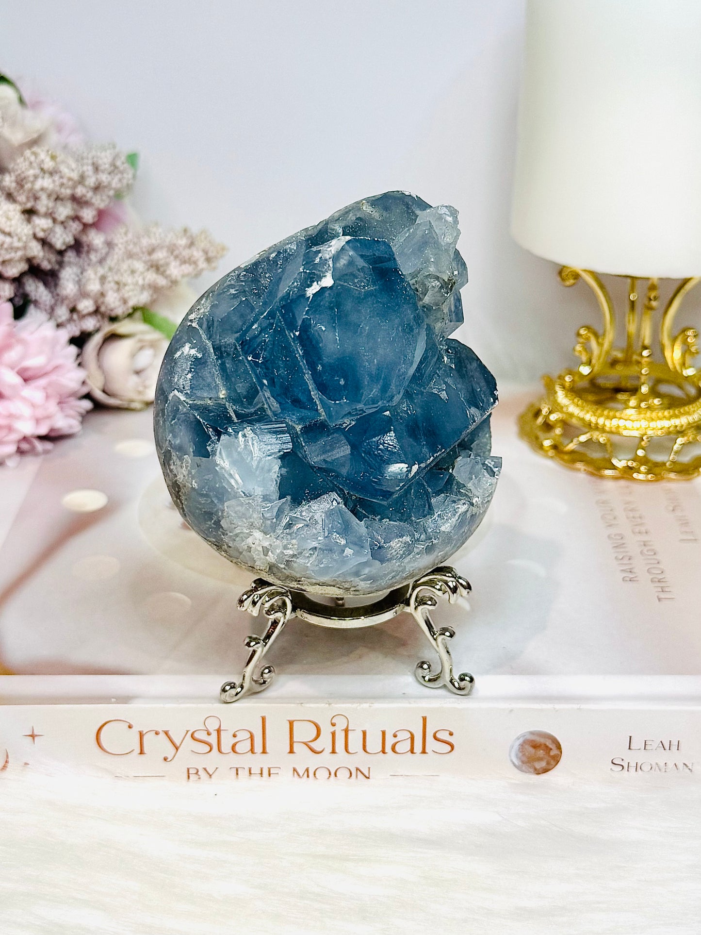 Large Blue Celestite Cluster on Stand 668g