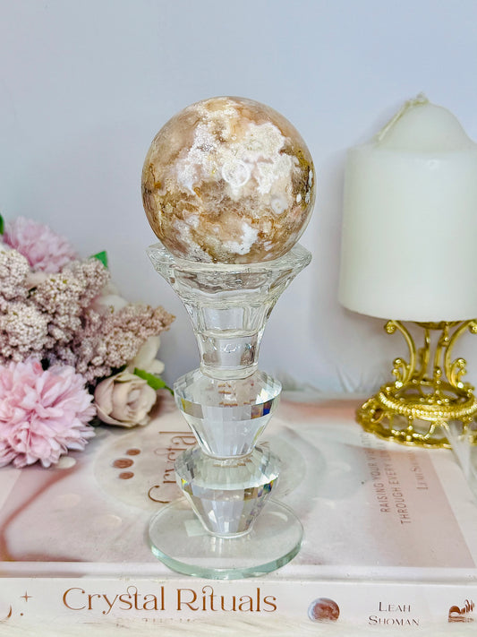 Large Flower Agate Sphere 306g On Glass Stand