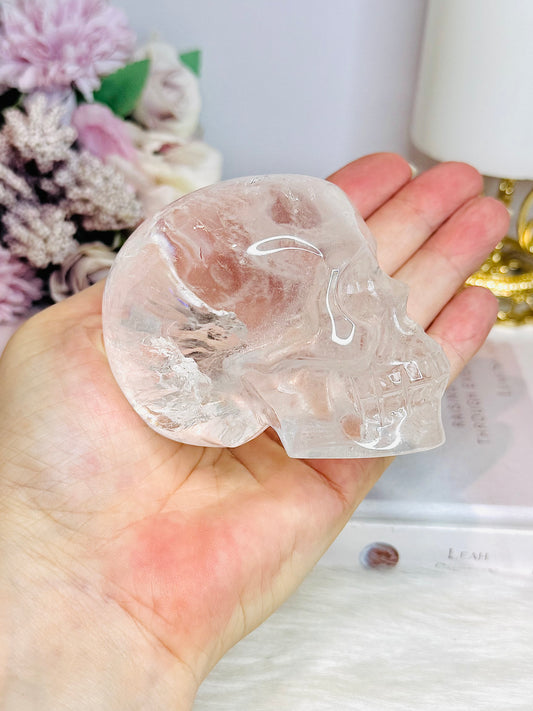 Clear Quartz Carved Skull with Rainbows 8cm 404g