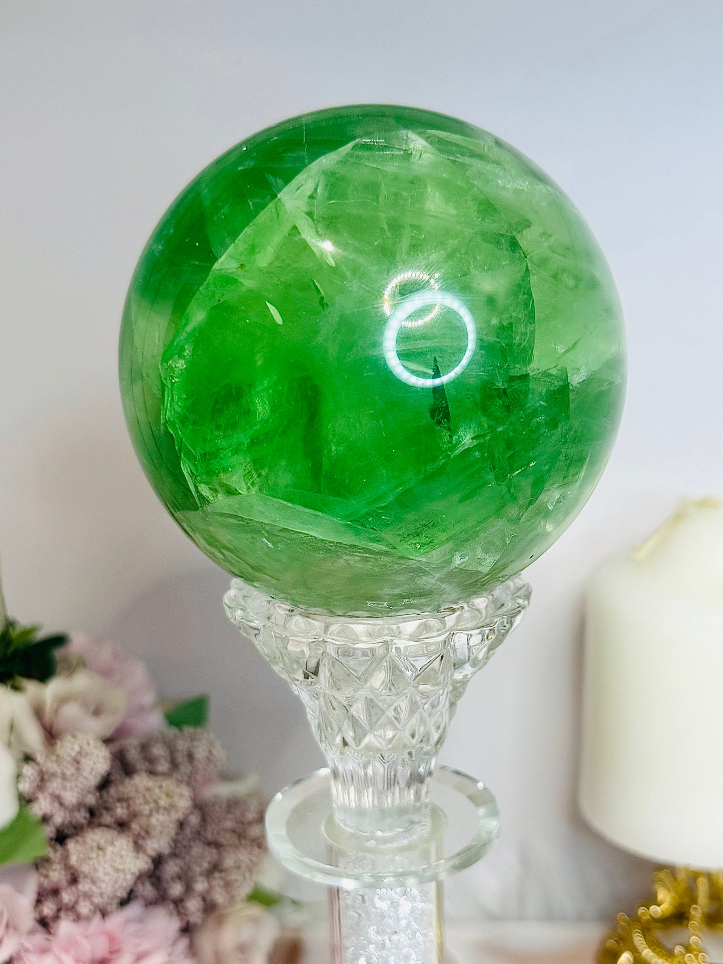 Huge Green Fluorite Sphere with Rainbows On Tall Glass Stand 1.4KG (stand can be changed)
