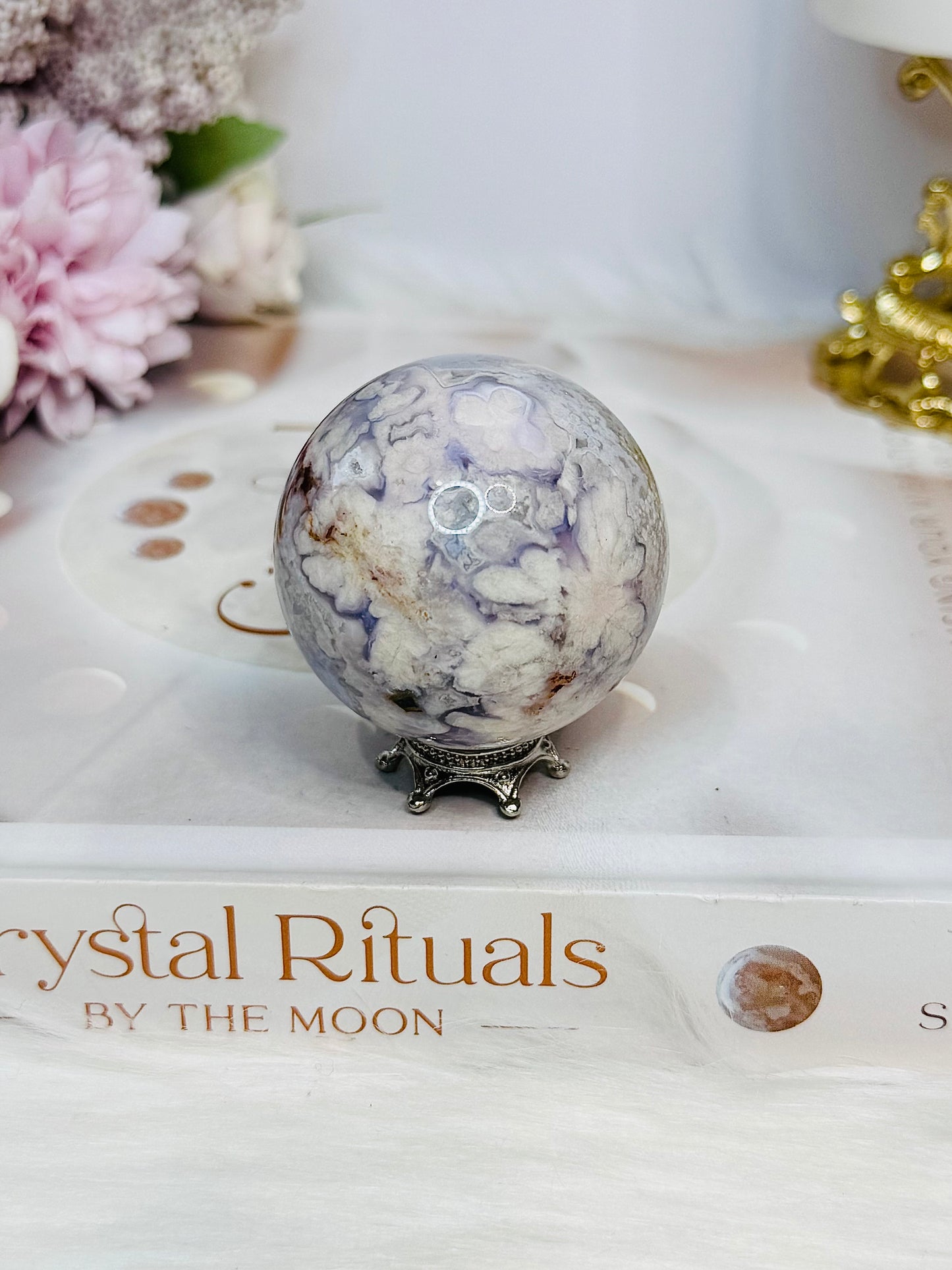 High Grade Blue Flower Agate Sphere on Stand 119g