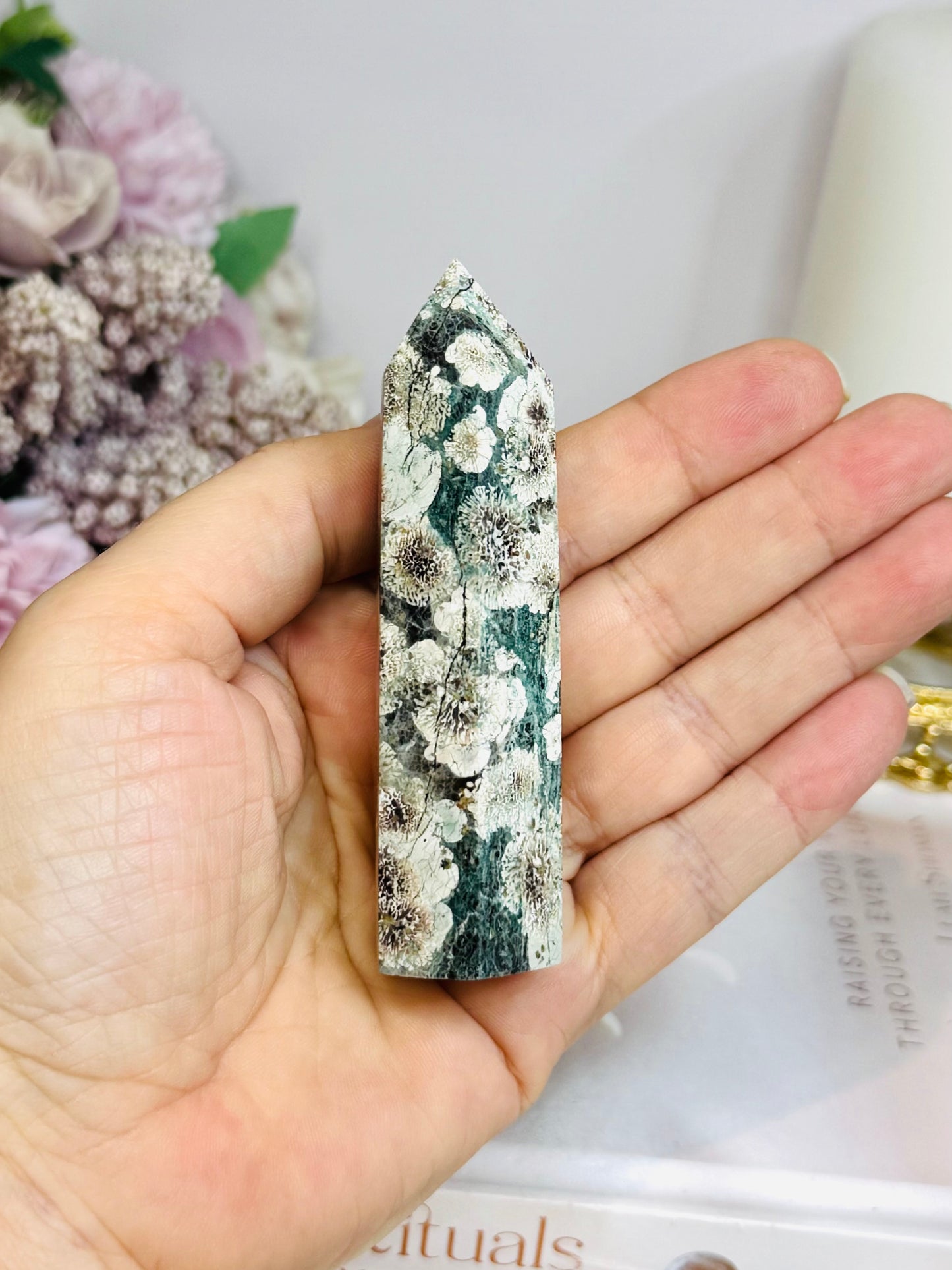 Sakura Agate | Green Flower Tower 9cm