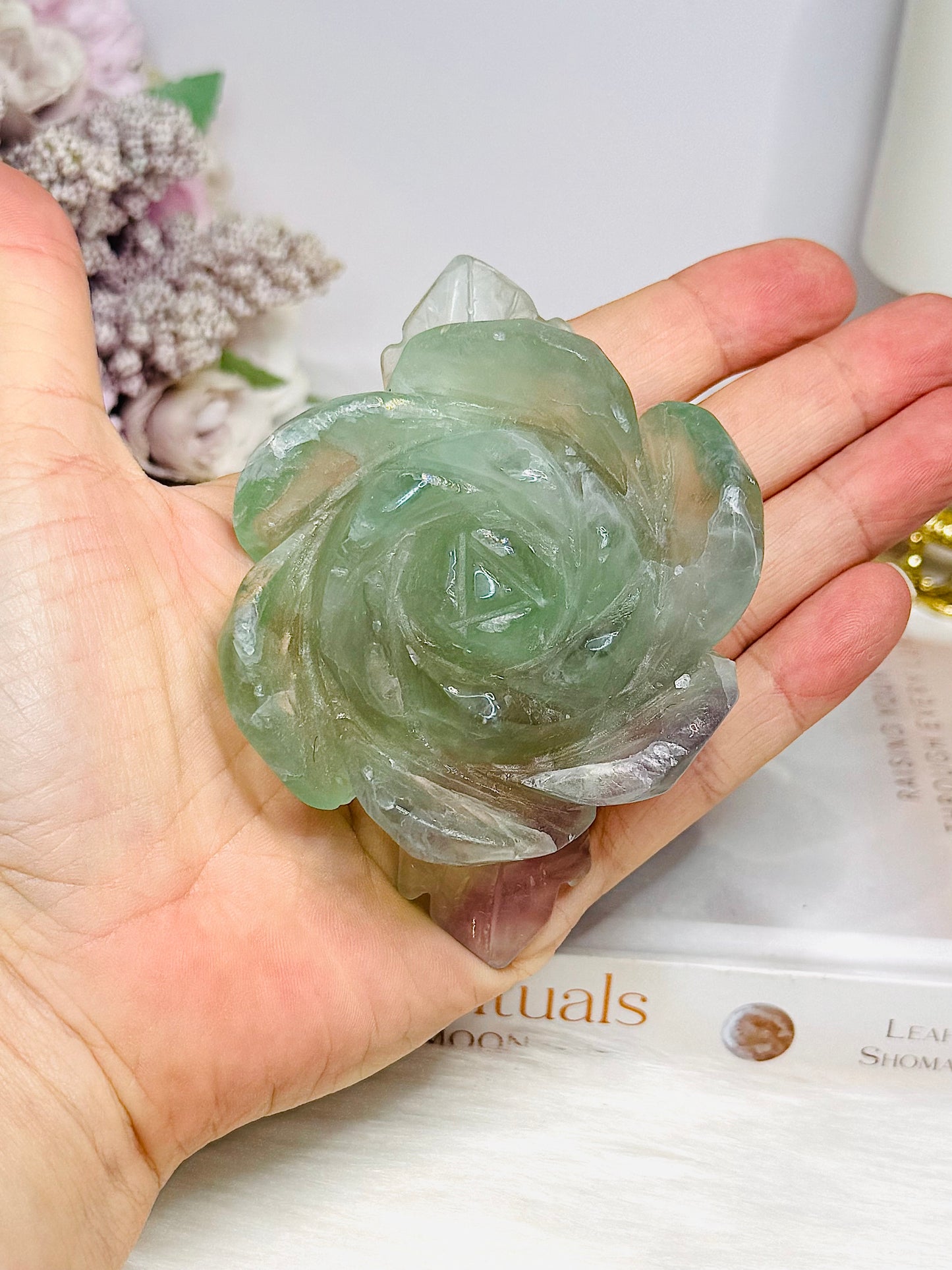 Watermelon Fluorite Carved Flower | Rose On Stand 10cm 250g