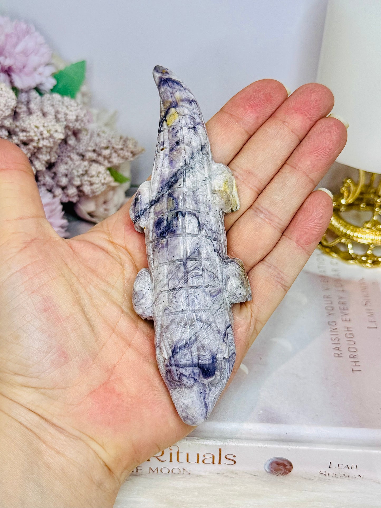 Carved Tiffany Stone Crocodile 14cm