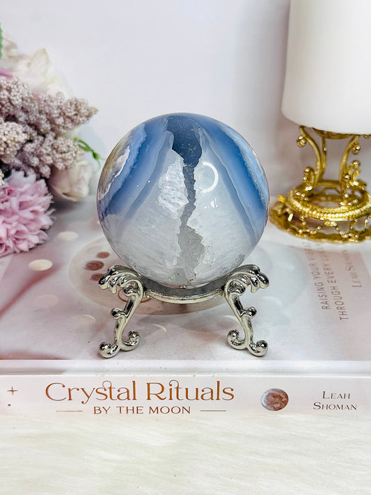 Large Blue Lace Agate Druzy Sphere On Stand 441grams